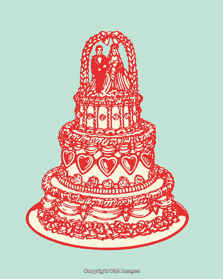 Vintage Wedding Cake Artwork with Decorative Layered Design and Traditional Bride Figures