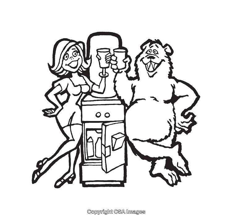Humorous Black and White Line Art of a Woman and a Bear Cheers