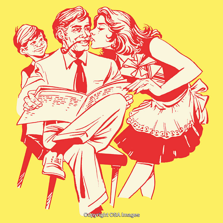 Retro Family Scene with Father, Mother, and Son in Line Art Style