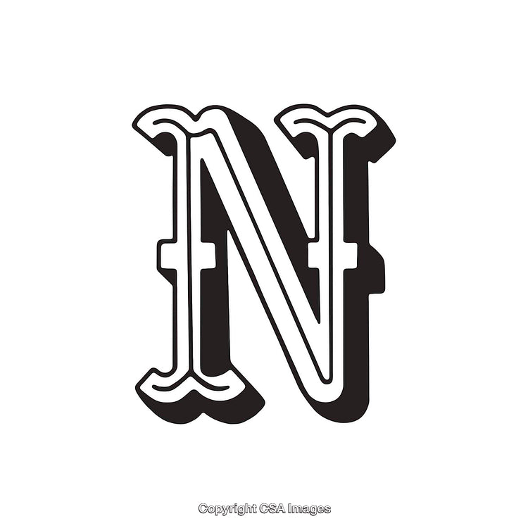 Stylized Black and White Letter N With Vintage Design Elements