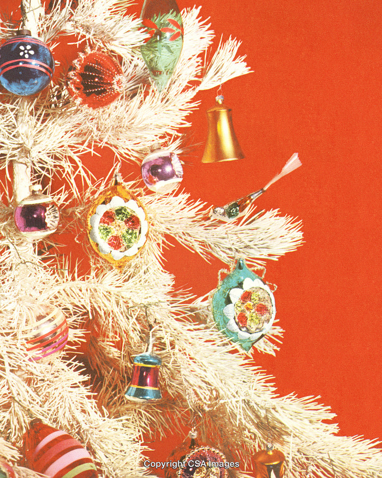 Vintage White Christmas Tree With Retro Ornaments on Bright Red Background