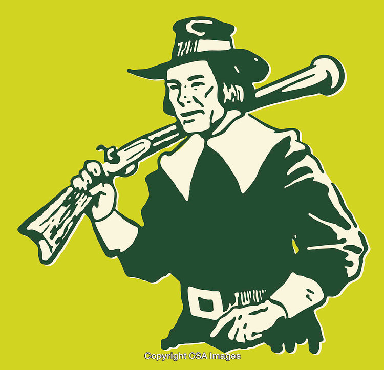 Green-Tinted Vintage Pilgrim Illustration Holding Rifle on Vibrant Background