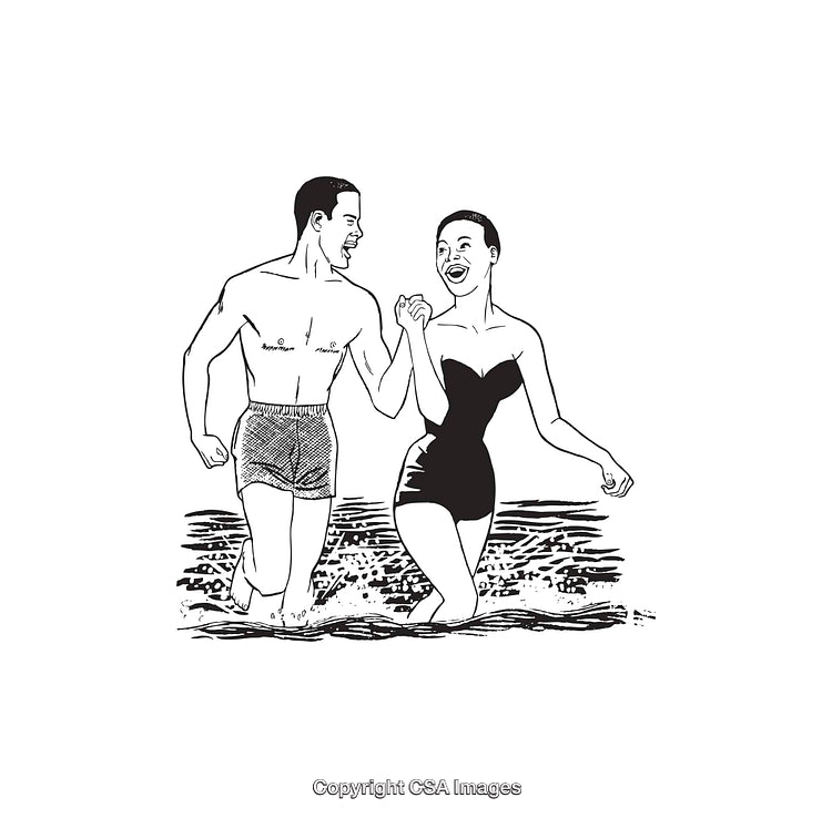 Vintage Line Art of Happy Couple at the Beach Holding Hands