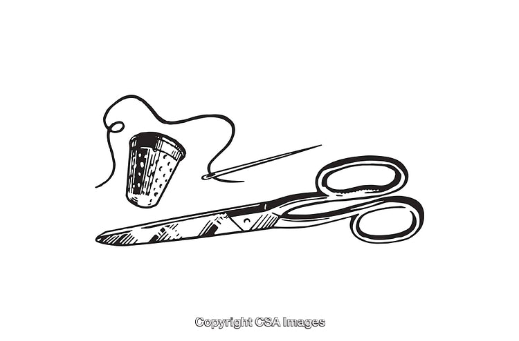 Black and White Line Art of Sewing Tools with Scissors and Needle