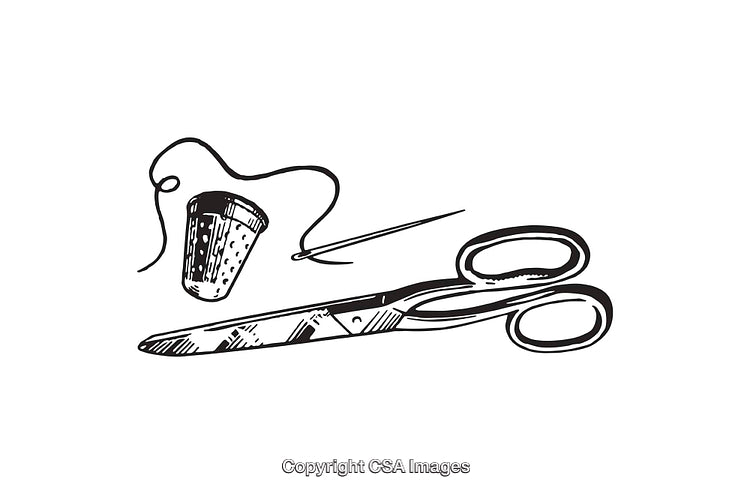 Black and White Line Art of Sewing Tools with Scissors and Needle