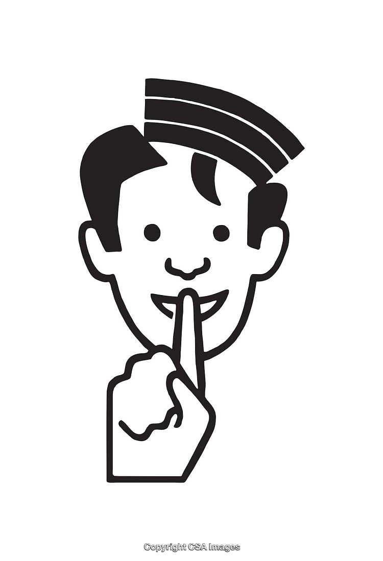 Black and White Retro Illustration of a Silencing Gesture