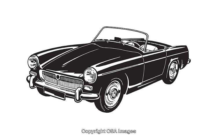 Classic Convertible Vintage Car Line Art Illustration in Black and White
