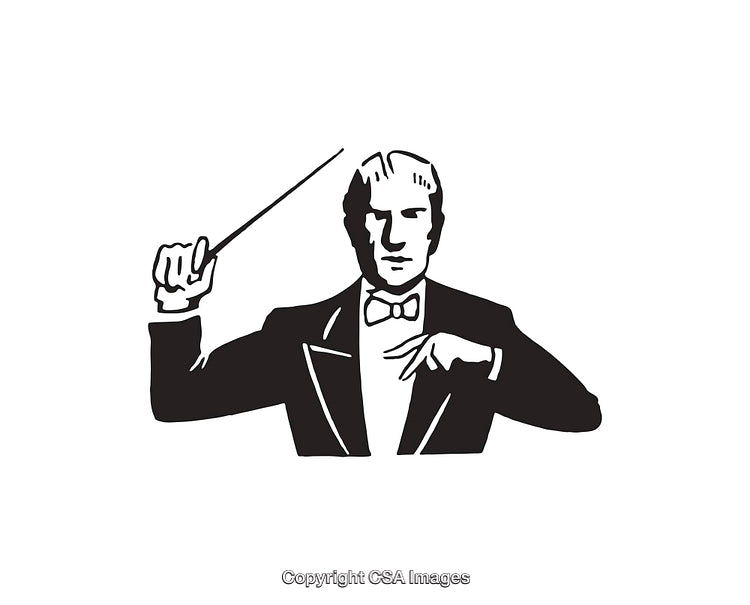 Black and White Line Art Illustration of a Conductor Leading an Orchestra