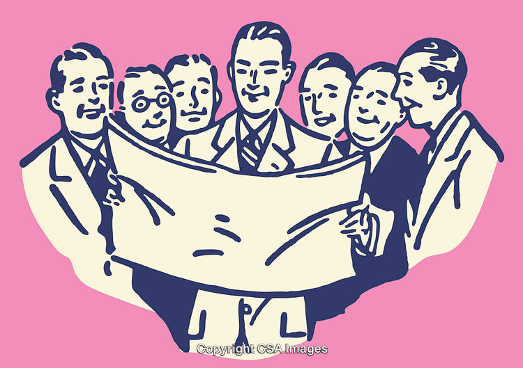 Business Team Reviewing Blueprints in Retro Art Style on Pink Background