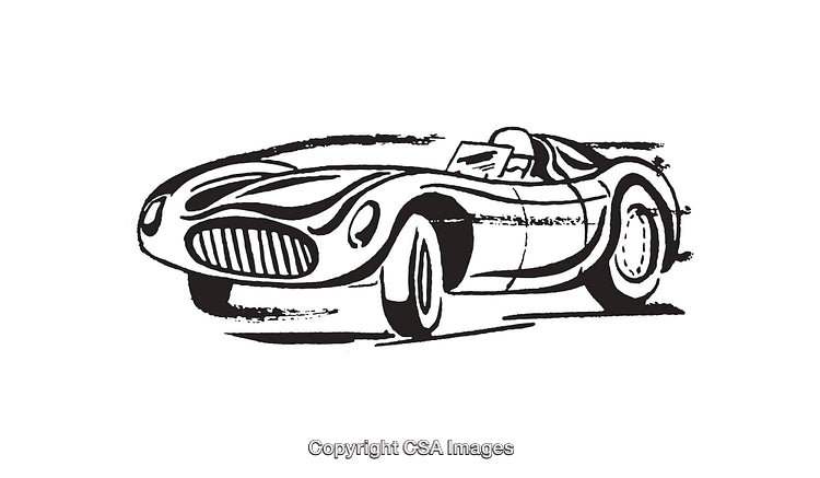 Black and White Illustration of a Classic Racing Sports Car