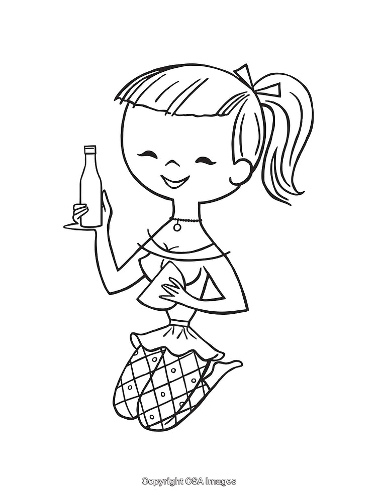 Black and White Line Art of Smiling Woman Holding a Bottle