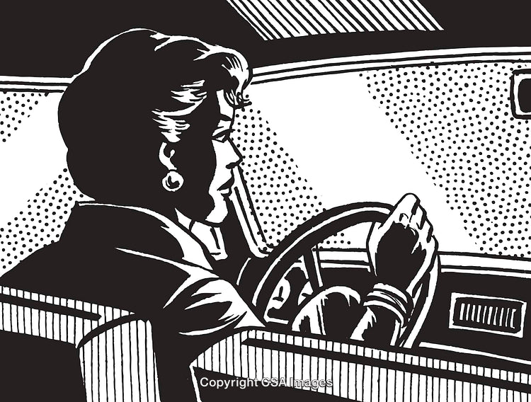 Retro Style Illustration of a Woman Driving a Vintage Car in Black and White