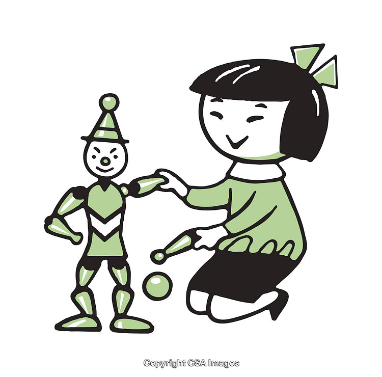 Colorful Illustration of a Child Playing with a Toy Clown Figure