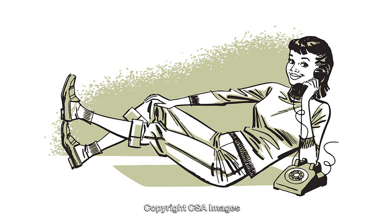 Retro Illustration of Woman Speaking on Rotary Telephone in Relaxed Pose