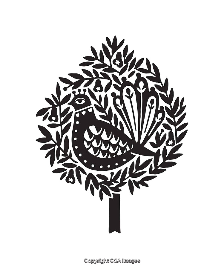 Black and White Decorative Bird Illustration with Floral Elements