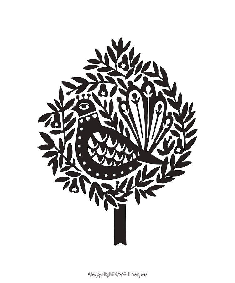 Black and White Decorative Bird Illustration with Floral Elements