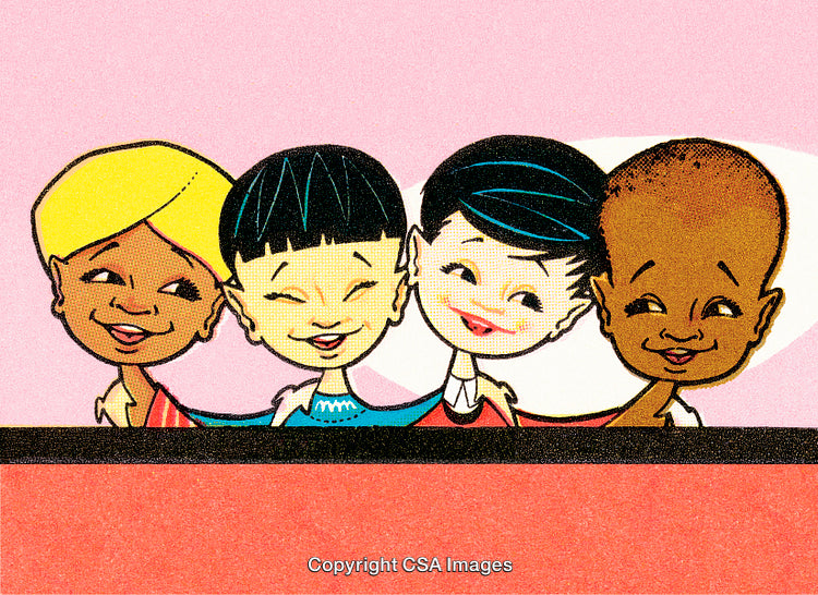 Illustration of Four Smiling Children Creating a Joyful and Happy Scene