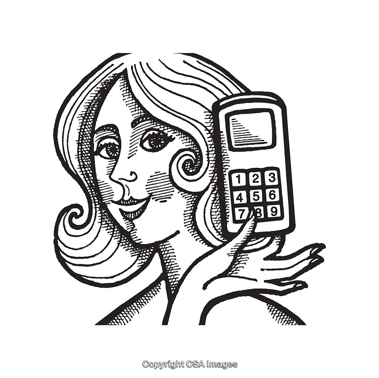 Black and White Illustration of a Woman Holding a Mobile Phone