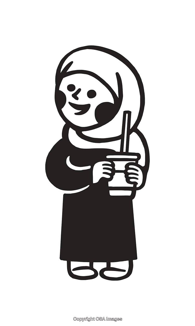 Smiling Cartoon Character Holding a Drink in Black and White Line Art