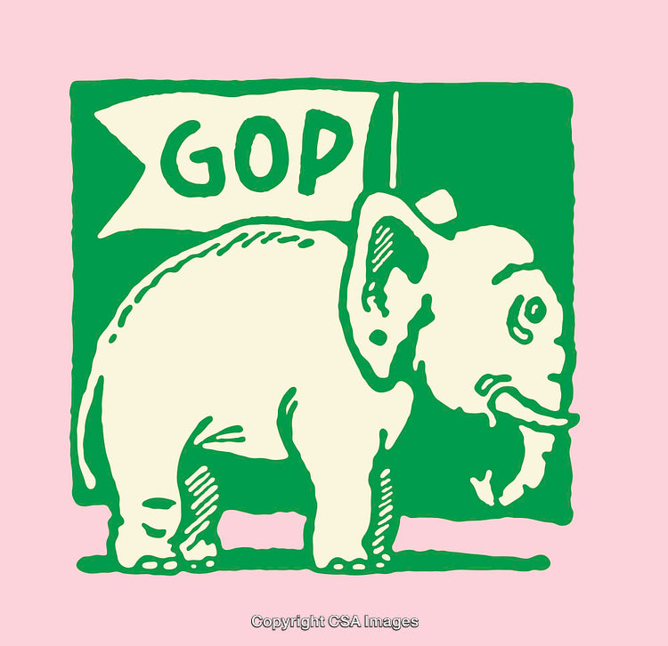 Vintage Line Art of Elephant with GOP Flag on Pink Background