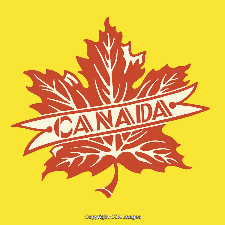 Illustrated Maple Leaf Emblem With Canada Themed Text and Yellow Background