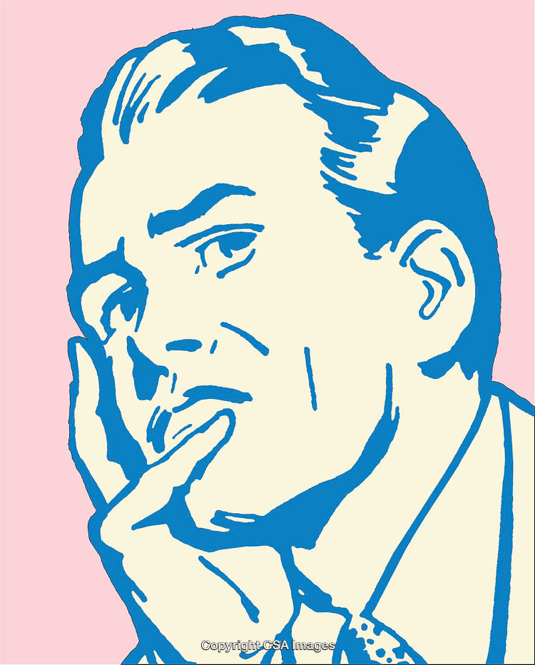 Blue-and-Pink Retro Line Art Illustration of a Thoughtful Man