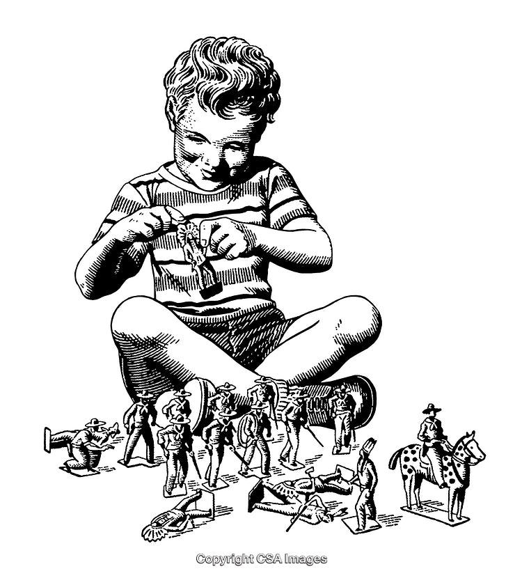 Vintage Illustration of a Child Engrossed in Toy Soldier Play