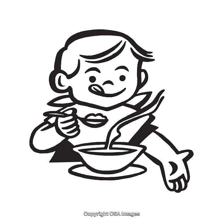 Vintage Line Art Illustration of Boy Enjoying a Bowl of Soup