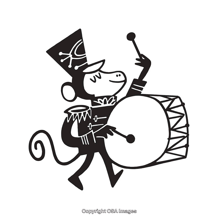 Charming Line Art Illustration of Drum Playing Monkey in Marching Outfit