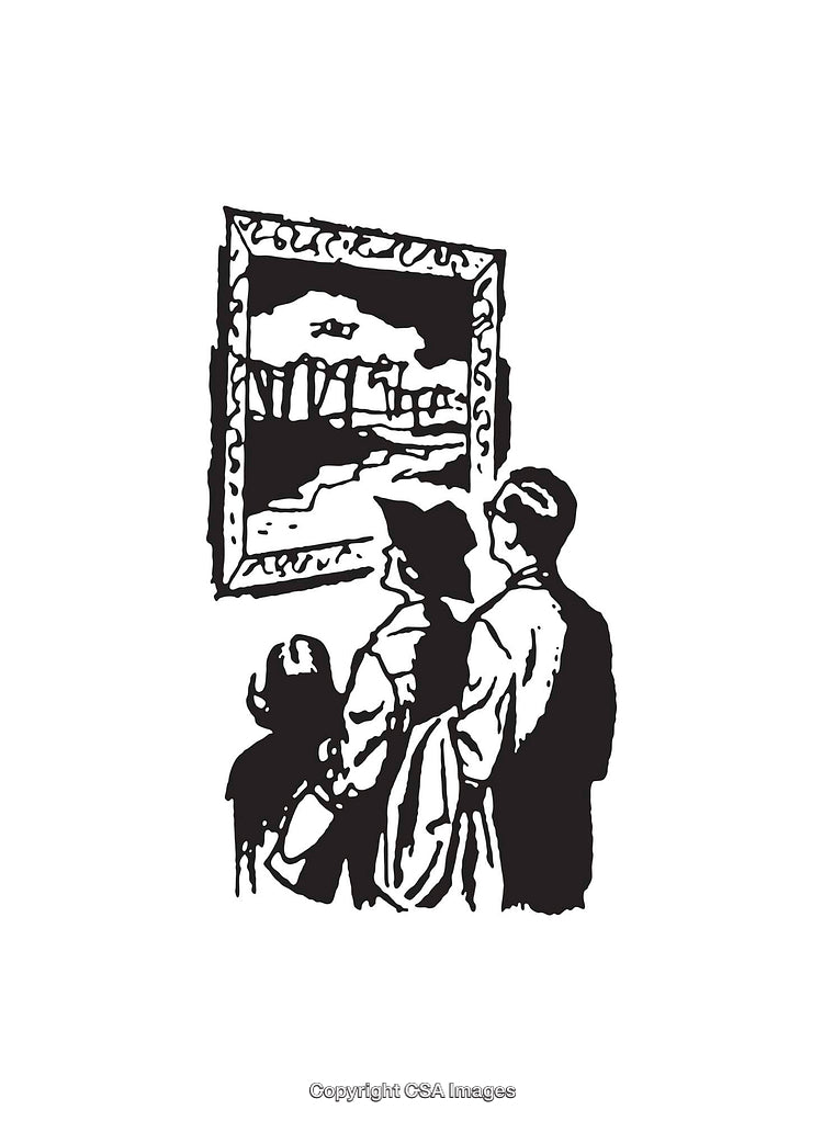 Family Observing Artwork in Gallery Illustration in Black and White Line Art