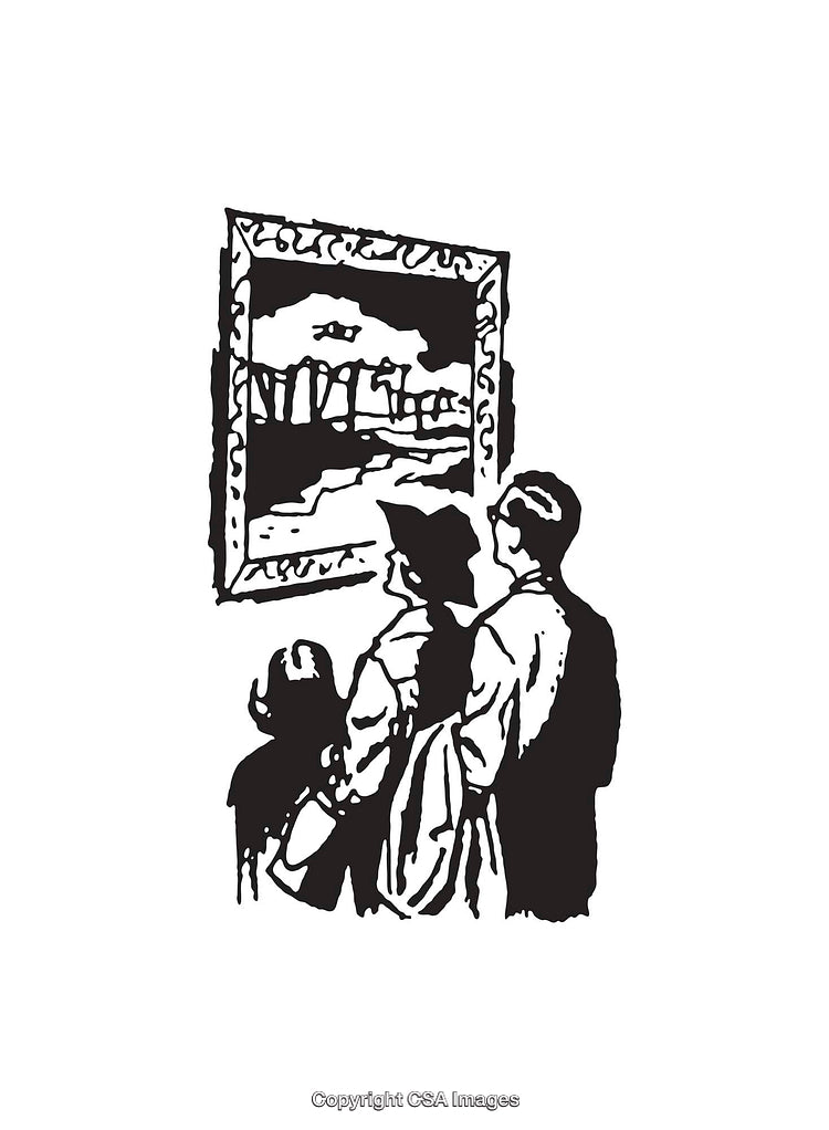 Family Observing Artwork in Gallery Illustration in Black and White Line Art