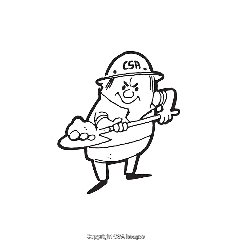 Humorous Line Art of Worker With Shovel Wearing CSA Helmet