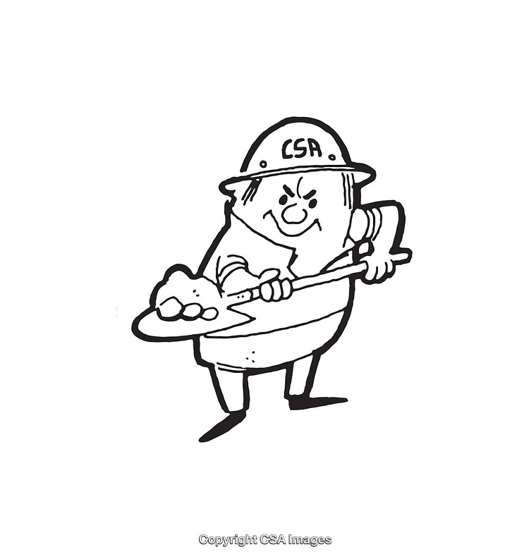 Humorous Line Art of Worker With Shovel Wearing CSA Helmet