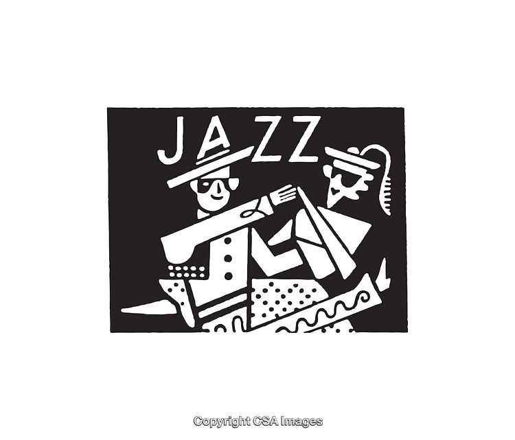 Black and White Jazz Illustration Featuring Two Musicians in Line Art Style