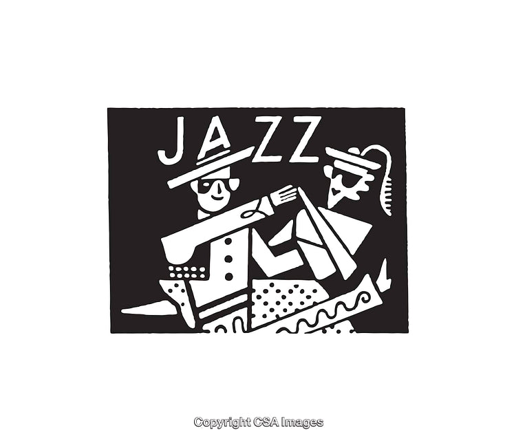 Black and White Jazz Illustration Featuring Two Musicians in Line Art Style