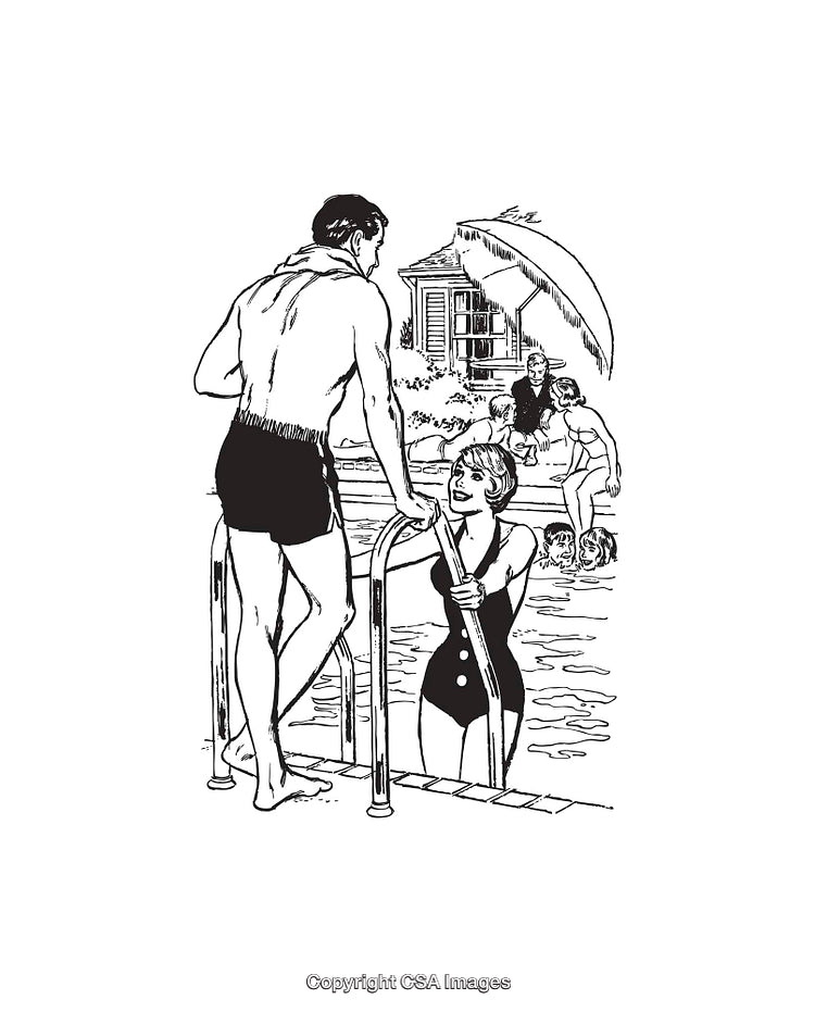 Retro Poolside Illustration Featuring People Relaxing and Conversing in Swimwear