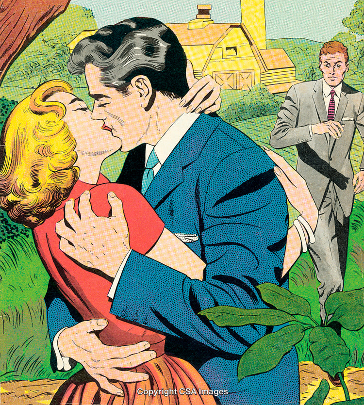 Romantic Encounter in Retro Comic Art Style with Intriguing Background Scene