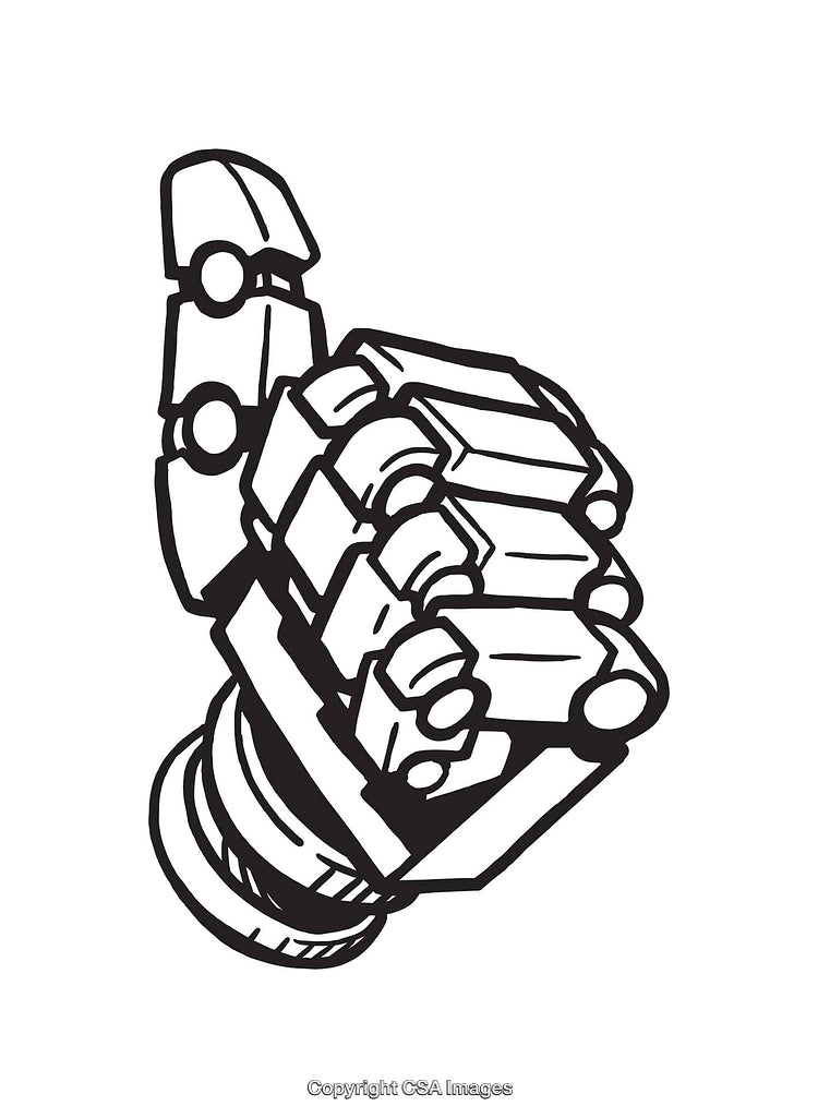 Black and White Illustration of a Robotic Hand with Futuristic Design