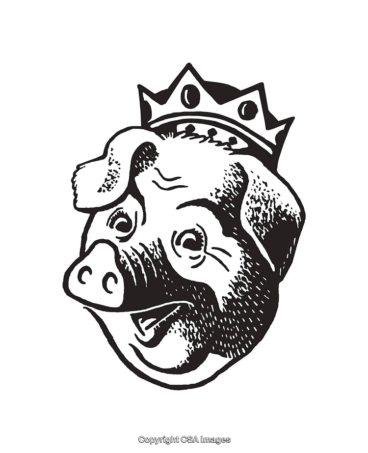 Black and White Illustration of a Pig Wearing a Crown