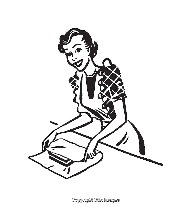 Retro-Style Line Art of Smiling Woman Packing a Sandwich