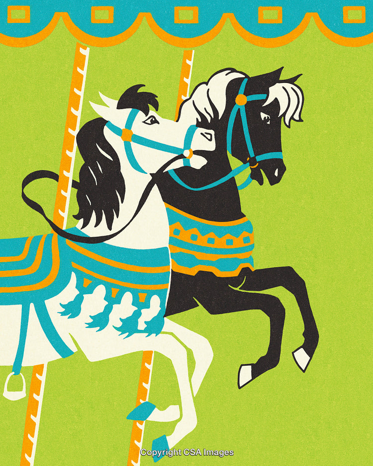 Vintage Carousel Horses with Colorful Accents on a Bright Green Background