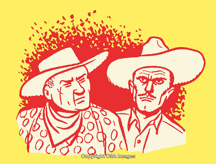 Vintage Line Art of Two Men in Cowboy Hats on Yellow Background