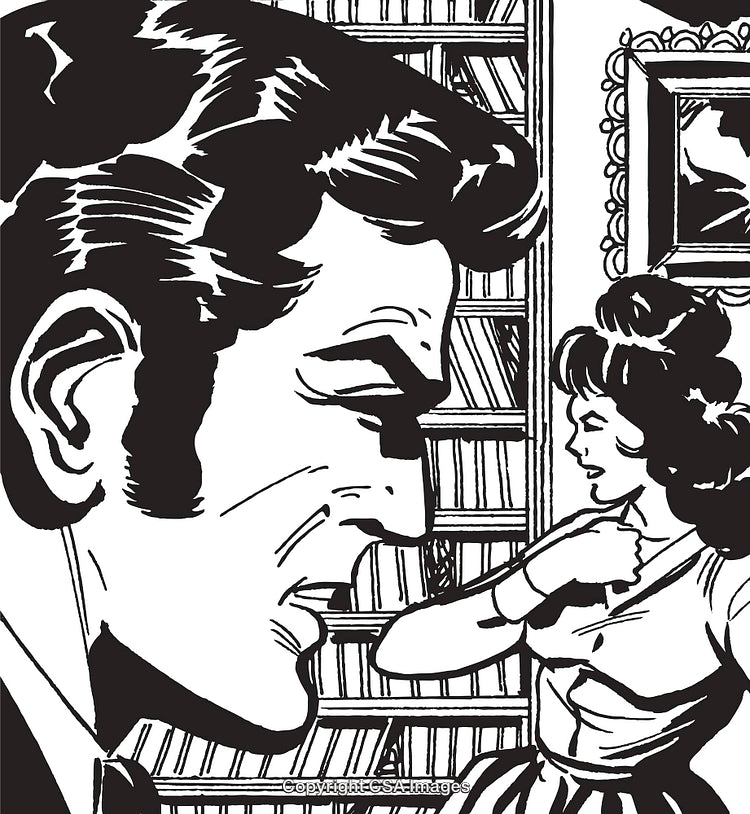 Vintage Comic-Style Illustration of Two People Interacting in a Study Setting