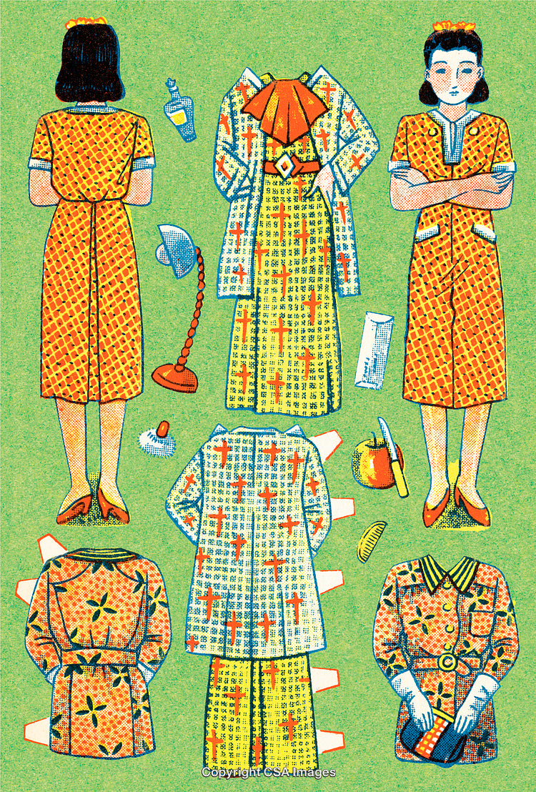 Vintage Paper Doll Illustration with Outfits and Accessories on Green Background