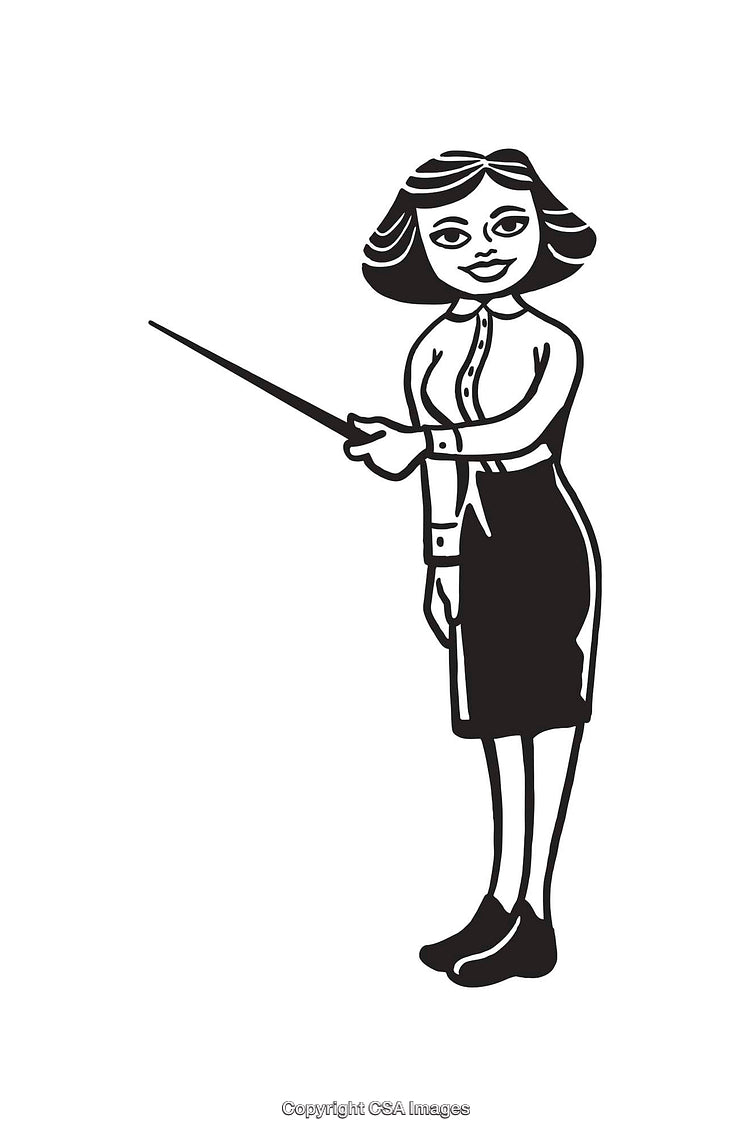 Retro Style Black And White Illustration of a Woman Explaining with a Pointer