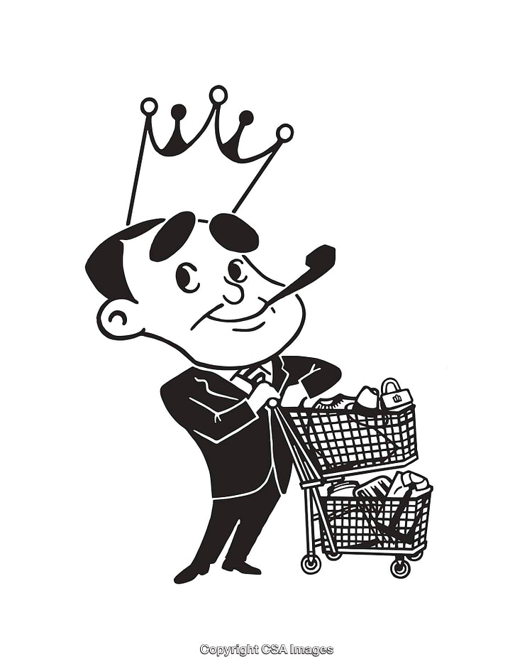Retro Black and White Businessman Cartoon with Shopping Carts and Crown
