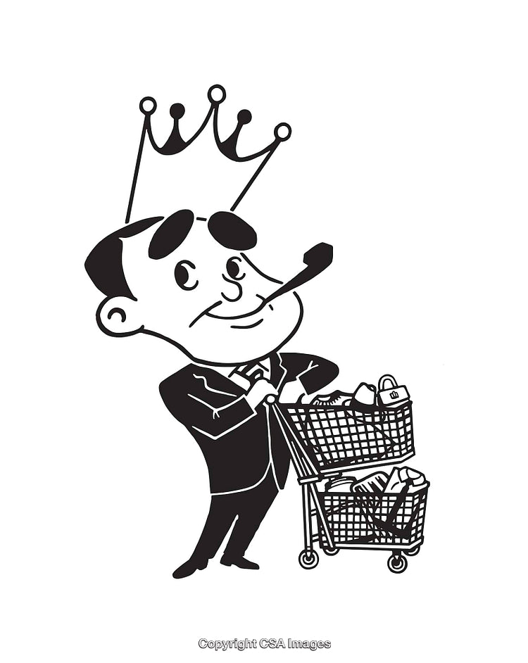 Retro Black and White Businessman Cartoon with Shopping Carts and Crown