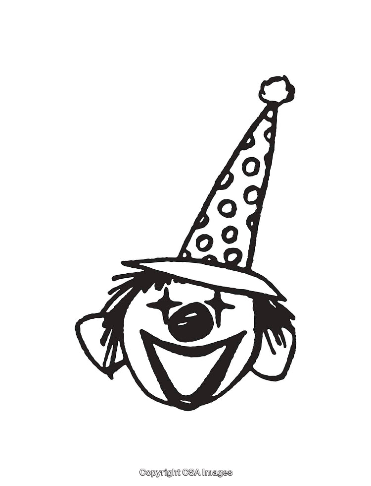 Black and White Line Art of a Smiling Clown with Polka Dot Hat