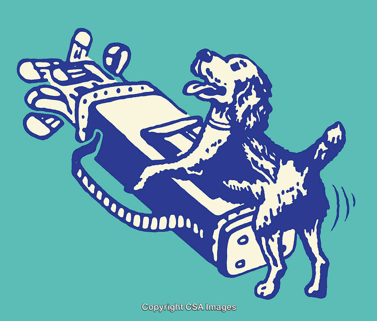Humorous Illustration of a Dog Interacting with a Golf Bag in Color Art