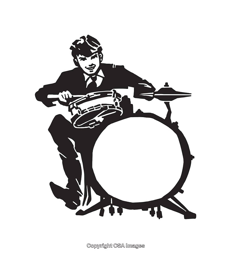 Black and White Illustration of a Drummer with Drum Set Playing